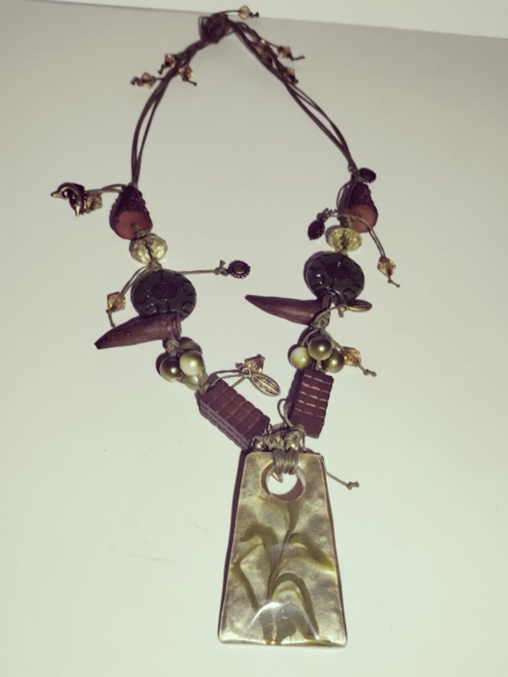 Boho Mixed Bead Statement Necklace Shell Look Floral Pendant